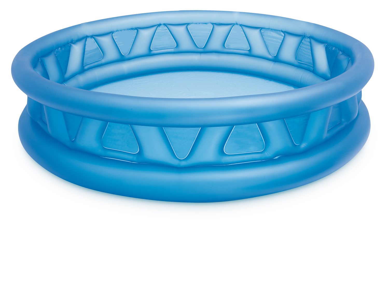 Blue inflatable pool with ribbed sides and molded rim