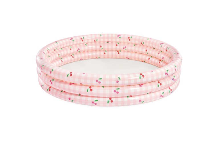 Inflatable kiddie pool with pink gingham and cherry print, rounded ring design