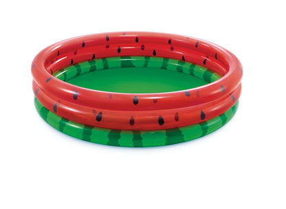 Watermelon pool inflatable with red outer ring, green base, black seed pattern