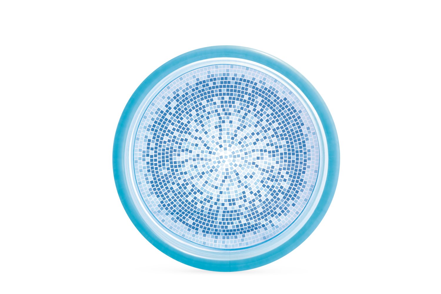 Round inflatable splash pool with blue outer ring and mosaic base