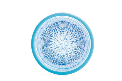 Round inflatable splash pool with blue outer ring and mosaic base