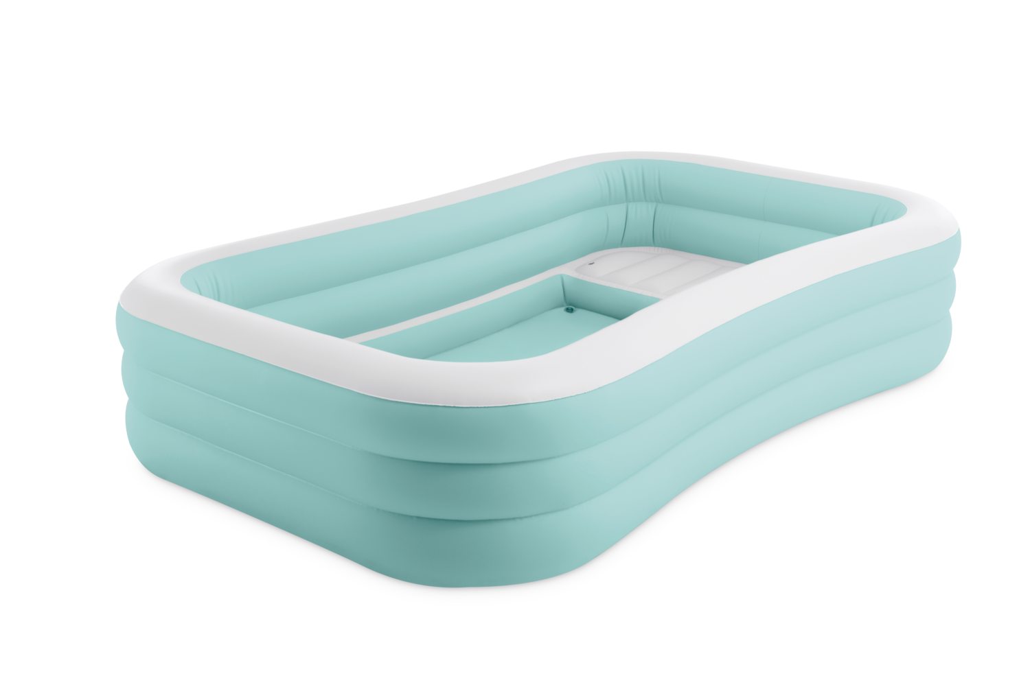 Inflatable family lounge pool with aqua base, white edge, and inner seat sections