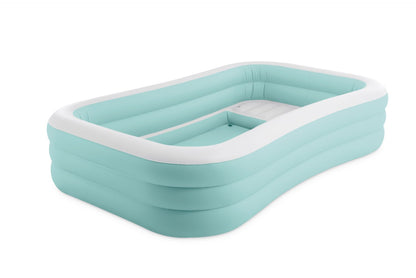 Inflatable family lounge pool with aqua base, white edge, and inner seat sections