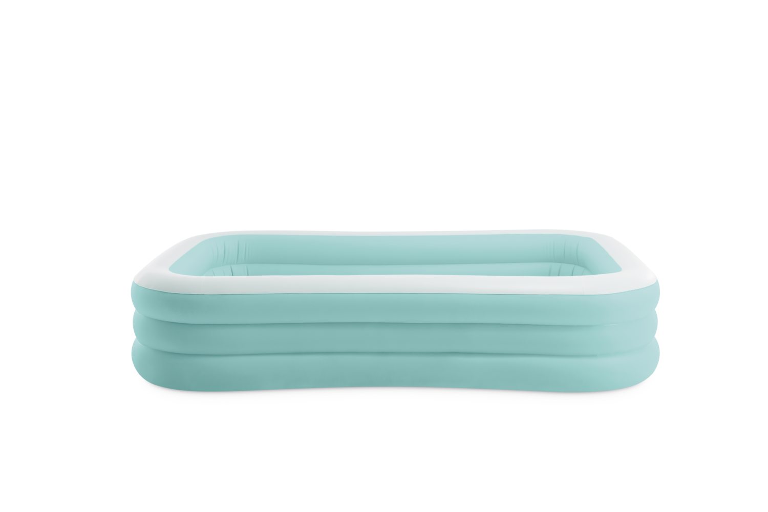 Inflatable pool base with aqua sides and white top rim, open center
