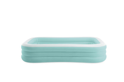 Inflatable pool base with aqua sides and white top rim, open center