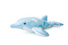 Light blue inflatable dolphin ride-on with handle and fin details