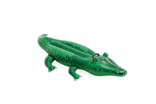 Green inflatable ride-on alligator with open mouth and spotted belly