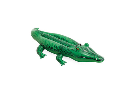 Green inflatable ride-on alligator with open mouth and spotted belly