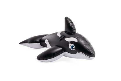 Inflatable whale ride-on, black with white spots, blue eye, large tail and dorsal fin.