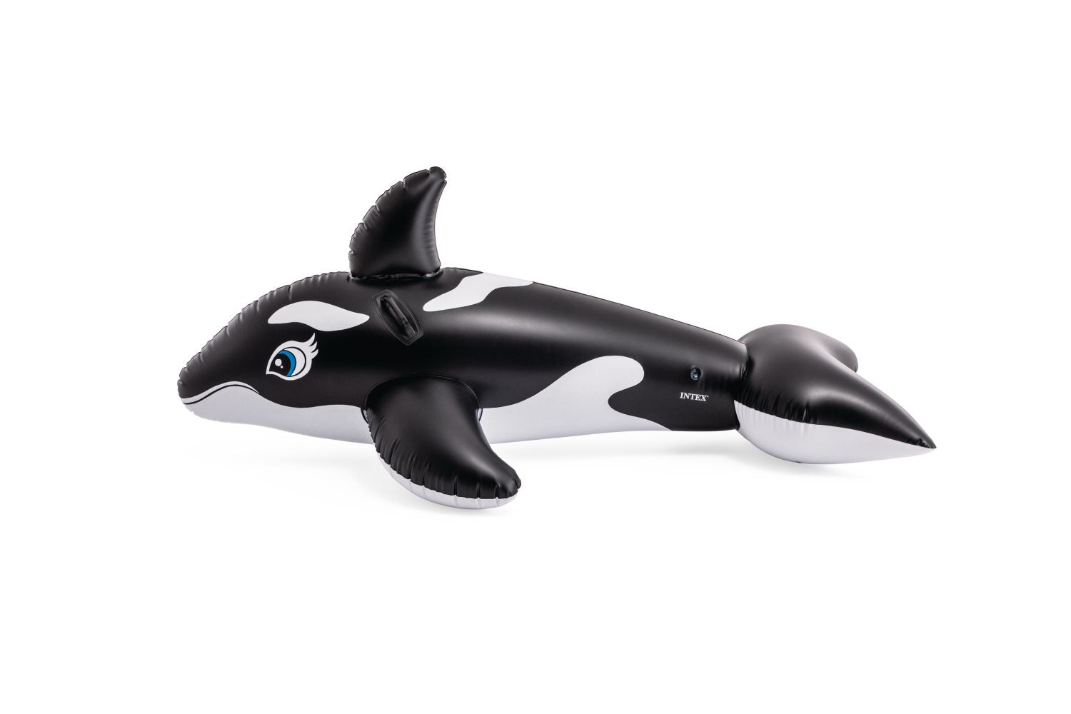 Inflatable whale ride-on with black and white pattern, blue eye, and raised fin.