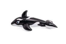 Inflatable whale ride-on with black and white pattern, blue eye, and raised fin.