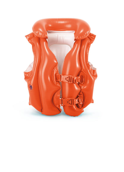 Orange swim vest with adjustable front harness and metal buckles