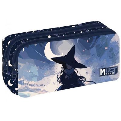 Two-compartment navy pencil case with star-and-moon print and MUST Team logo