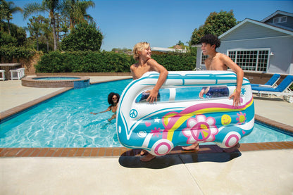 Inflatable van pool float in teal and white with rainbow stripe, used in swimming pool