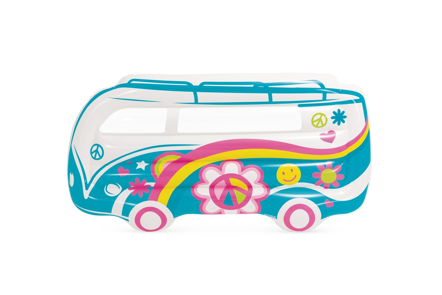Inflatable van pool float, teal and white with rainbow stripe and peace flower graphics