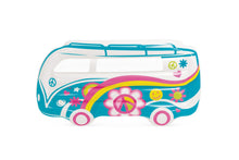 Inflatable van pool float, teal and white with rainbow stripe and peace flower graphics