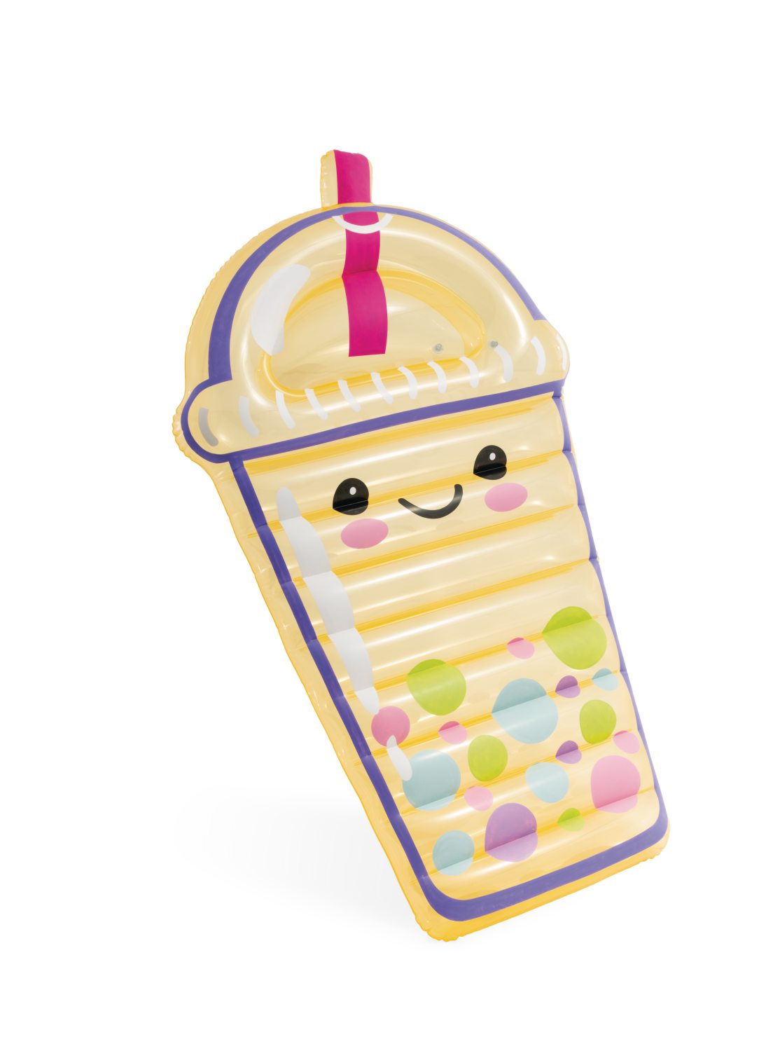 Inflatable drink float at angle, pink straw, blue outline, colorful dot pattern and smile