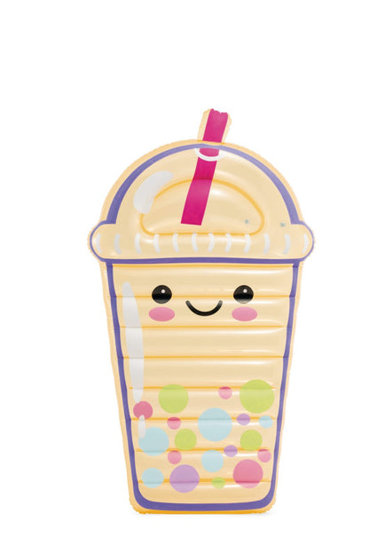 Inflatable drink float with smiling face, pink straw, blue trim and colorful bubbles