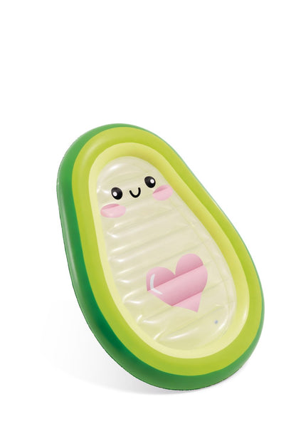 Avocado pool float with smiling face, pink blush and heart graphic, green/lime