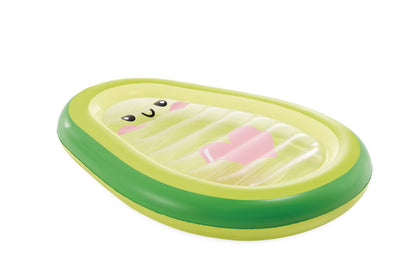Avocado-shaped pool float with face details, green outer ring and lime interior