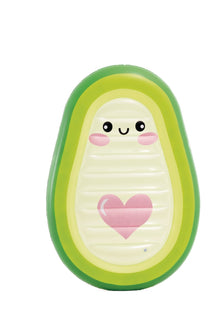 Avocado-shaped pool float with cute face and pink heart, green and lime