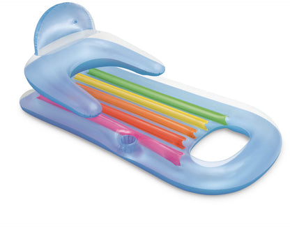Inflatable pool lounge with built-in headrest, cup holder, and colorful toy slide