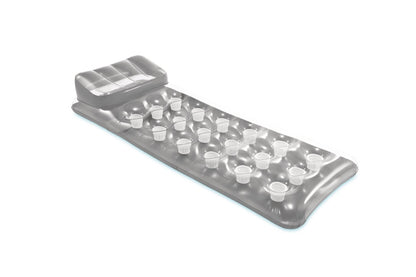 Inflatable 18-pocket tanning mat with built-in cup holders, gray, single recline cover