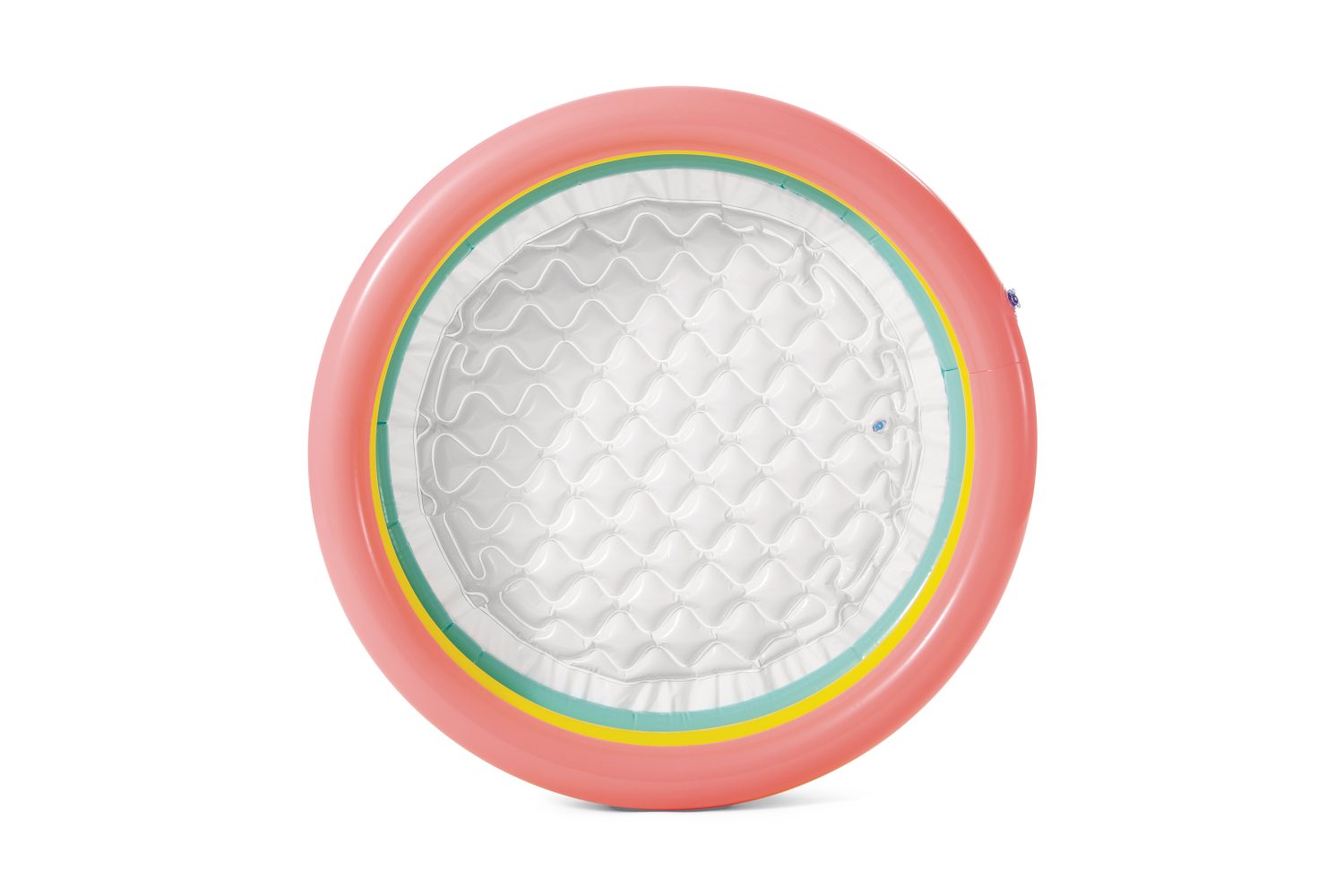 Round inflatable baby pool with pink rim, multicolor edge, and white textured base