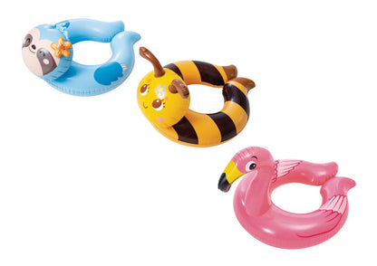 Assorted animal inflatable swim rings: blue bear, yellow tiger, pink flamingo