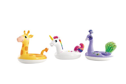 Inflatable animal pool rings: giraffe, unicorn, purple sea creature, green turtle
