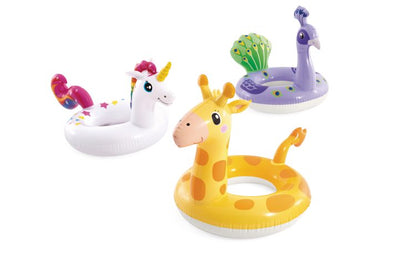 Inflatable animal pool rings: giraffe, unicorn, purple sea creature