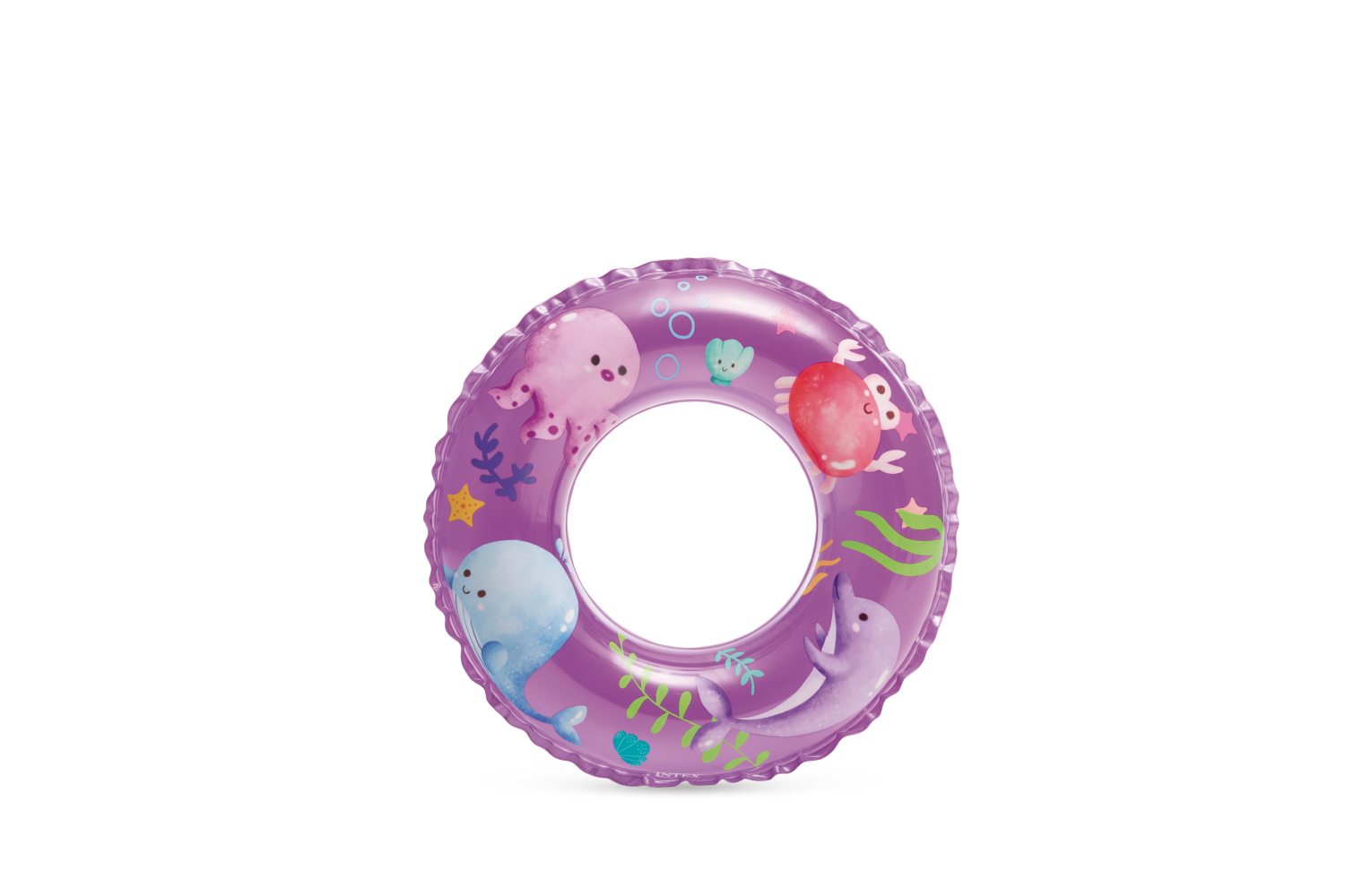 Purple inflatable pool ring with ocean animal print and clear center