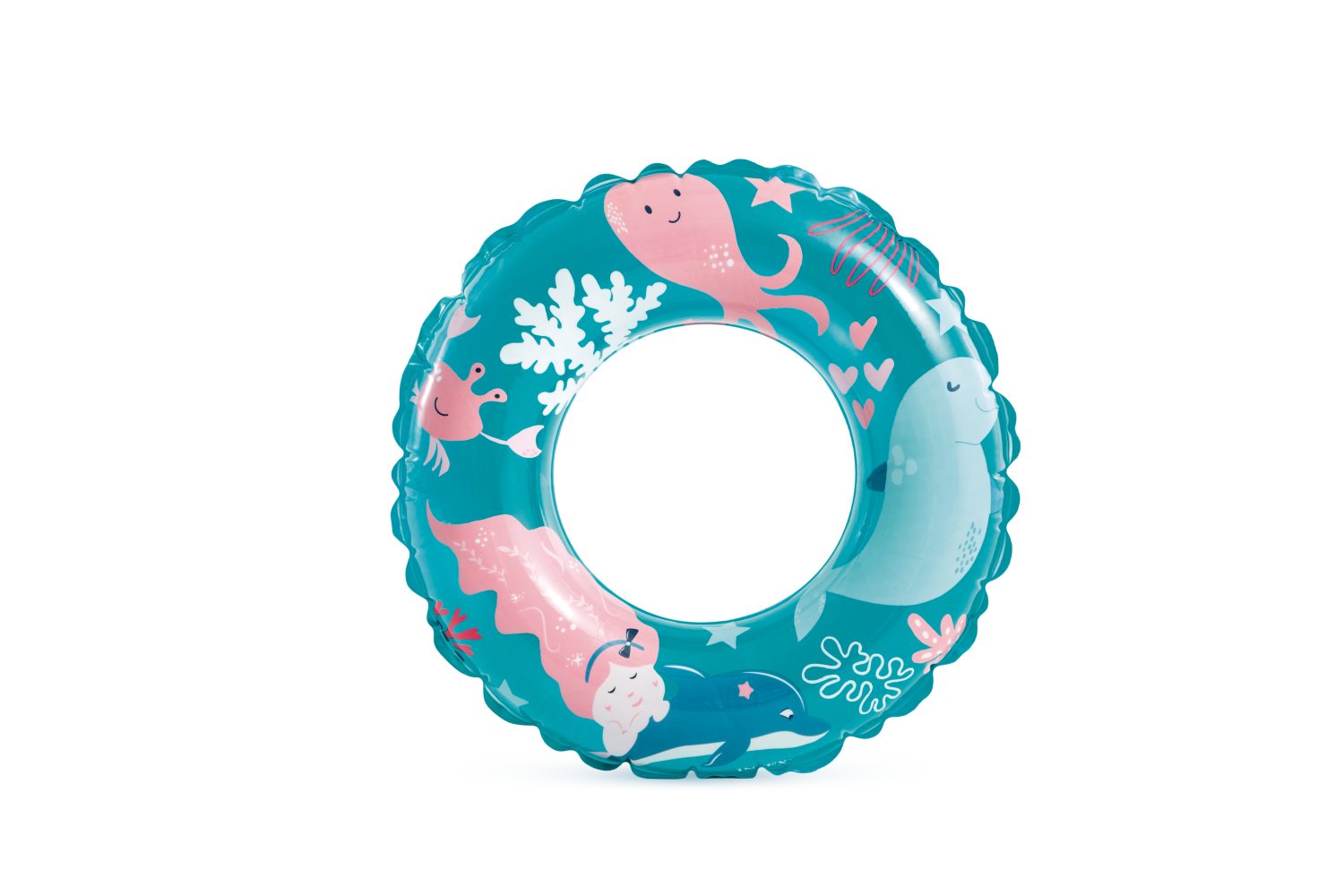 Teal inflatable pool ring with sea creature graphics and clear center