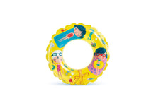 Yellow inflatable pool ring with mermaid girl graphic and clear center