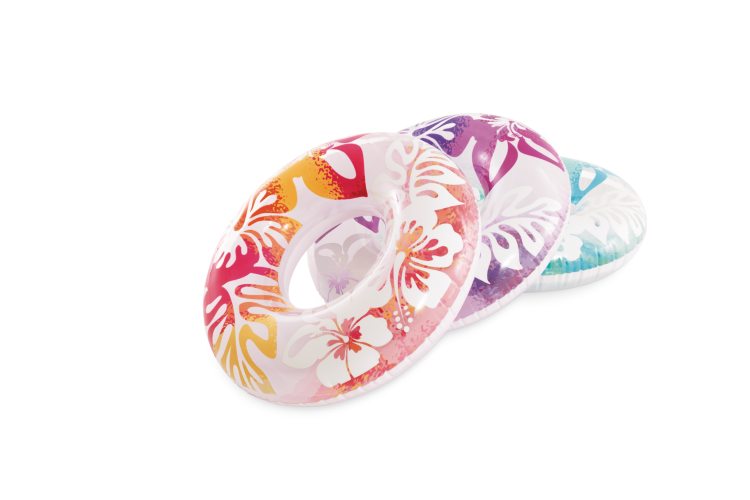 Inflatable pool tube with clear center, floral tropical pattern in pink and orange