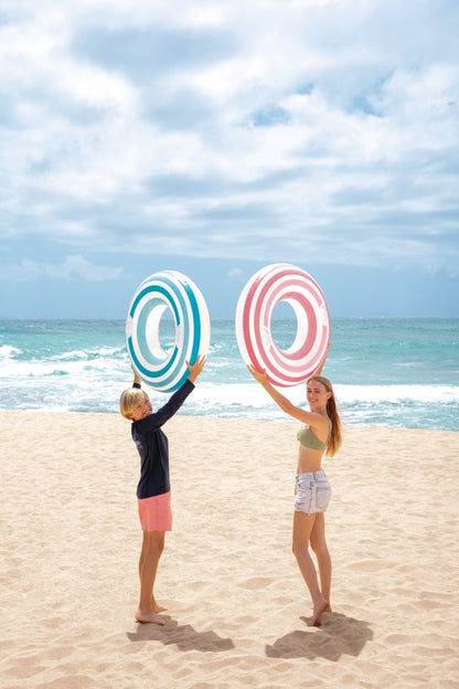 Inflatable tube swim ring pair, blue and white stripes plus red and white stripes