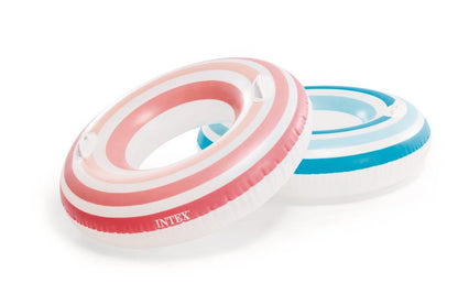 Inflatable tube pool ring, red white stripes with blue white stripes, INTEX logo