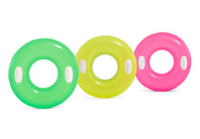 Glossy inflatable swim tubes in green, yellow, and pink with handles
