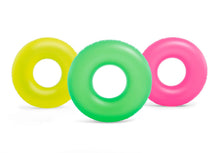 Neon pool float tubes, assorted neon yellow green and pink ring shapes
