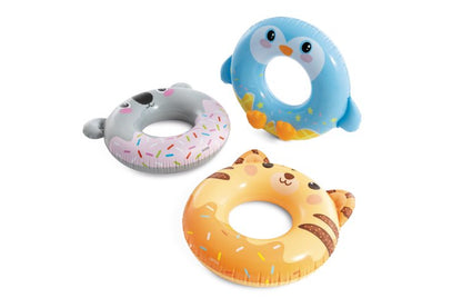 Animal inflatable swim rings: blue penguin, gray panda, orange cat, orange tiger (partial).