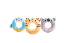 Animal inflatable swim ring set: blue penguin, orange tiger, gray panda with ears.
