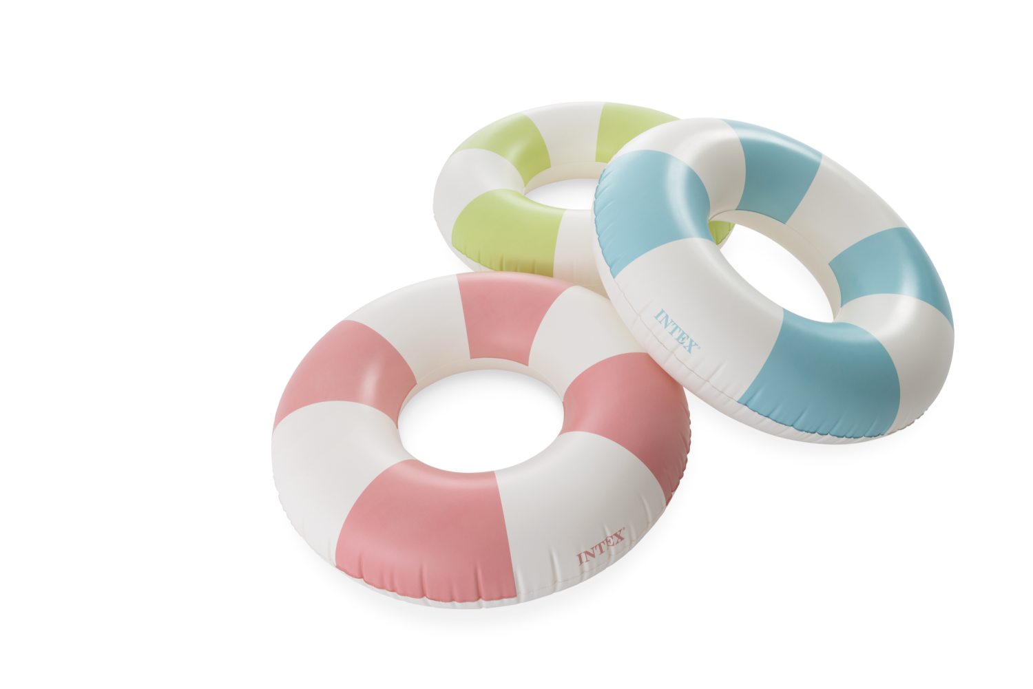 Inflatable swim tube set with pastel striped rings, blue and pink