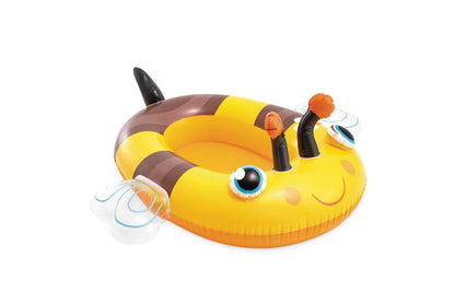 Yellow and brown animal pool float with black handles and orange horn