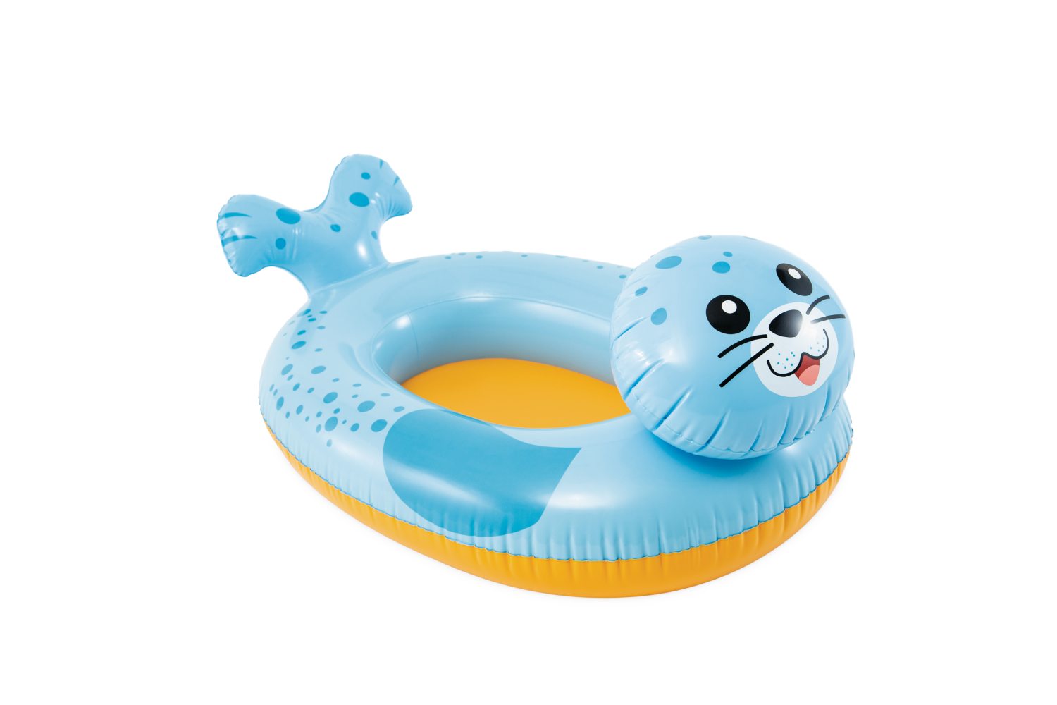 Blue seal-shaped pool float with orange inner ring and face print