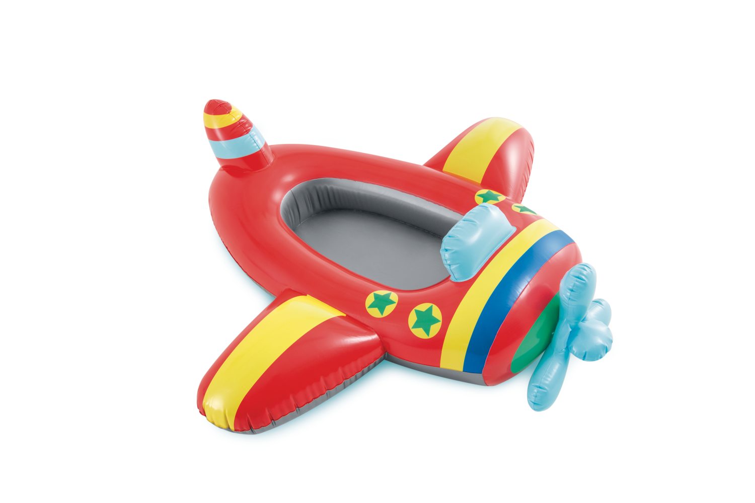 Red and yellow pool float boat with rainbow stripe seat and star decals