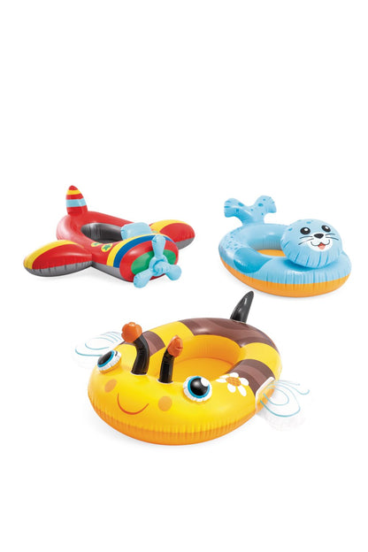 Assorted animal pool float set: red, blue, and yellow inflatable cruiser