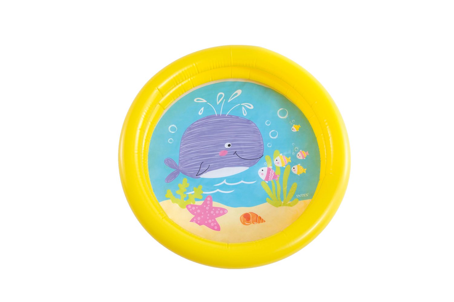 Inflatable kiddie pool with yellow rim and whale cartoon on inner wall