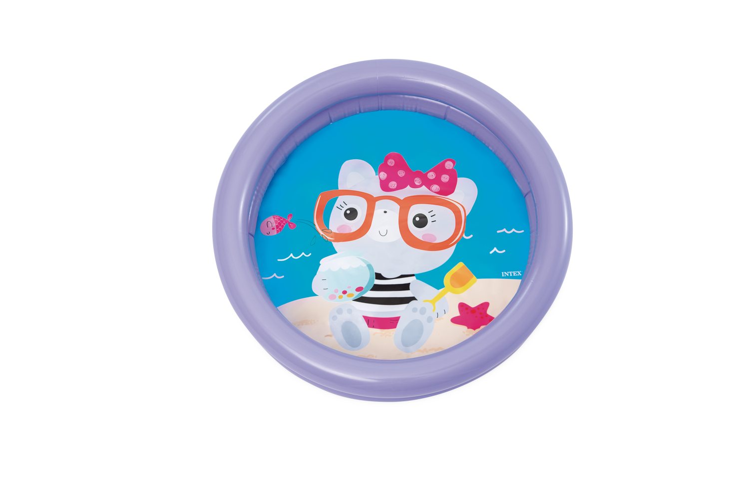 Inflatable kiddie pool with purple rim and cartoon animal scene on inner wall