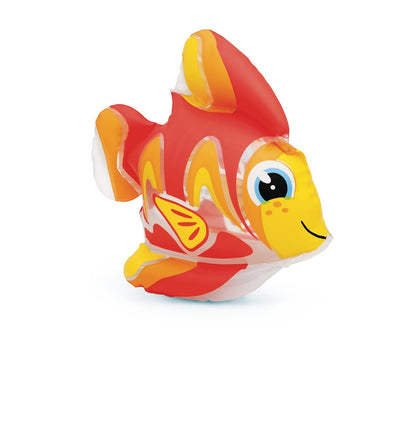 Inflatable fish water toy with yellow face, red body and orange fins