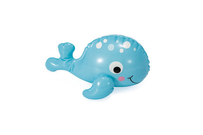 Inflatable blue whale water toy with white spots and smiling face